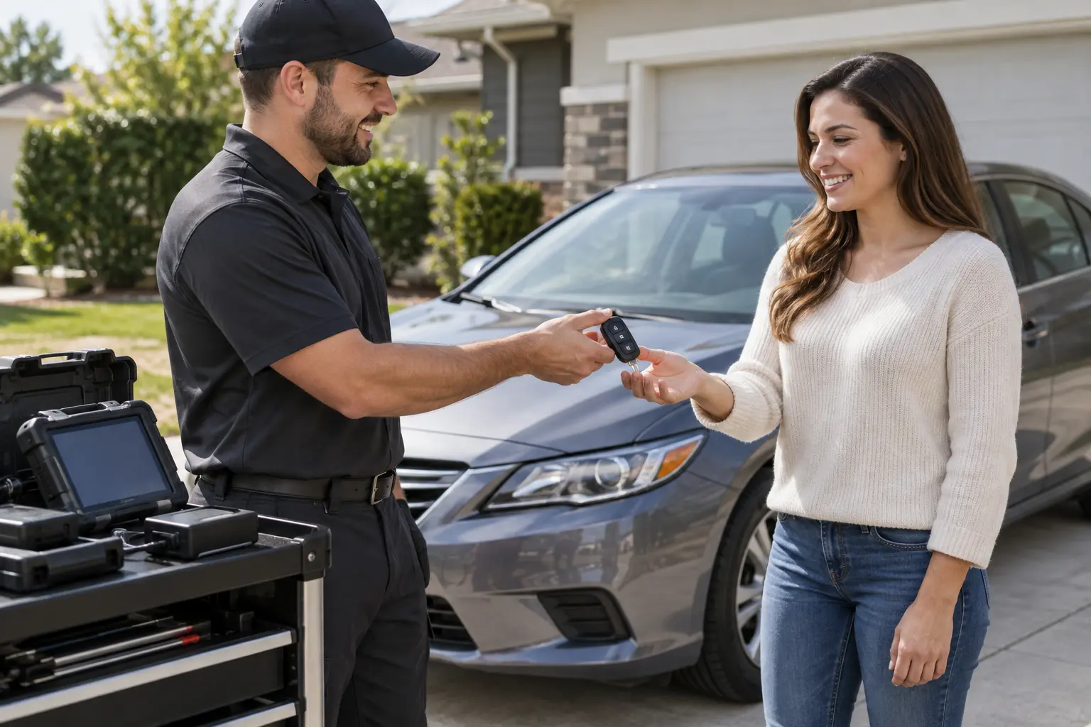 Automotive key technician returning a programmed key fob to a vehicle owner