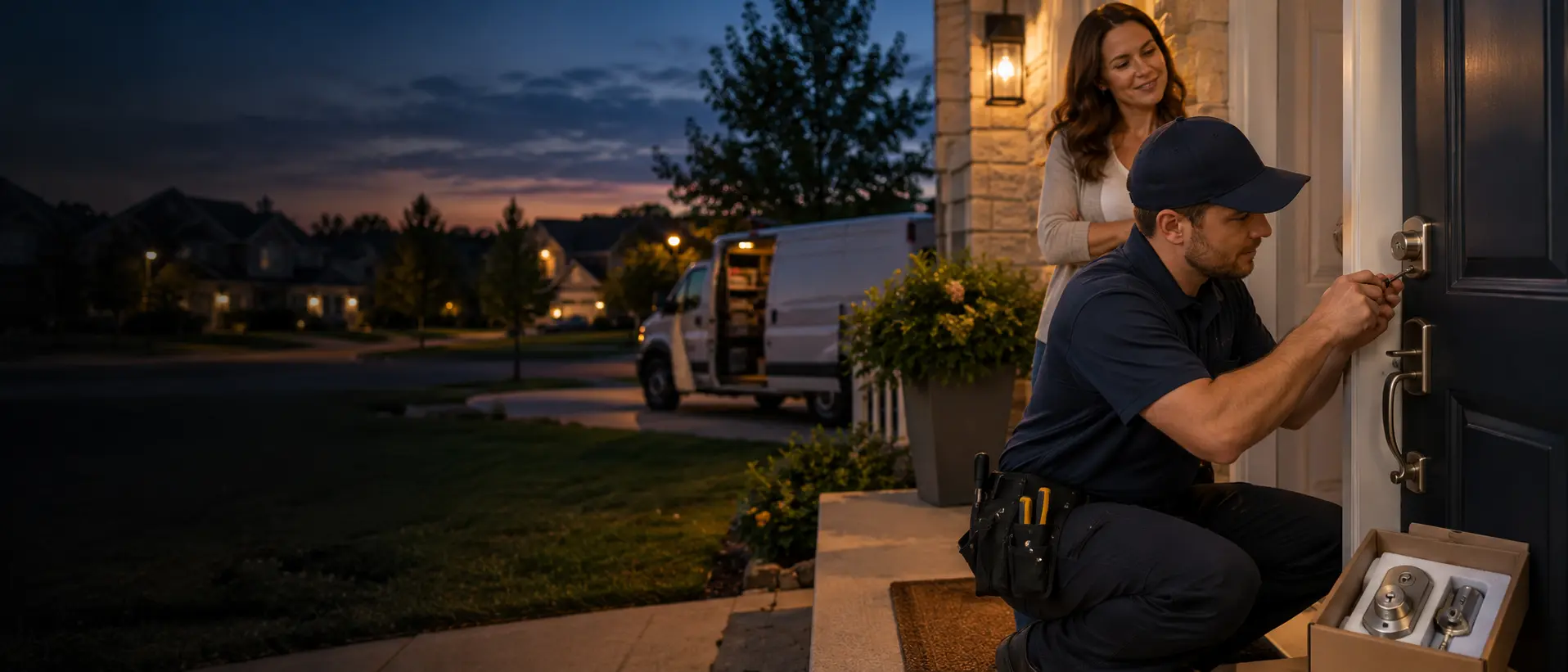 Professional locksmith assisting at a home in Aurora Illinois