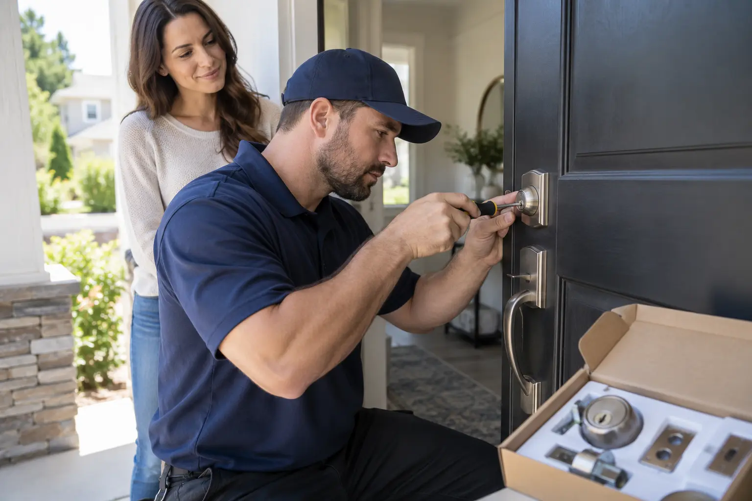 Residential locksmith installing a new deadbolt